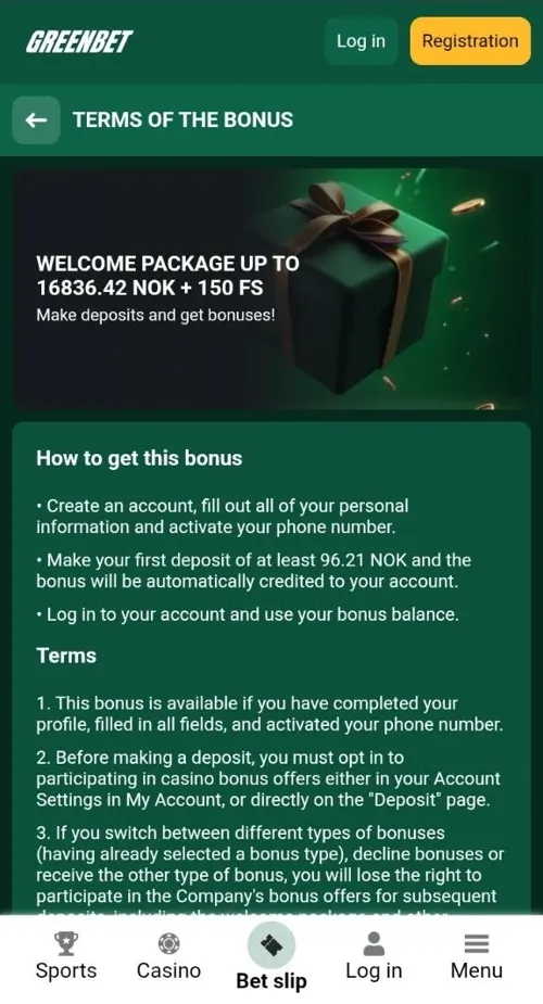 Greenbet bonuses page with welcome offers