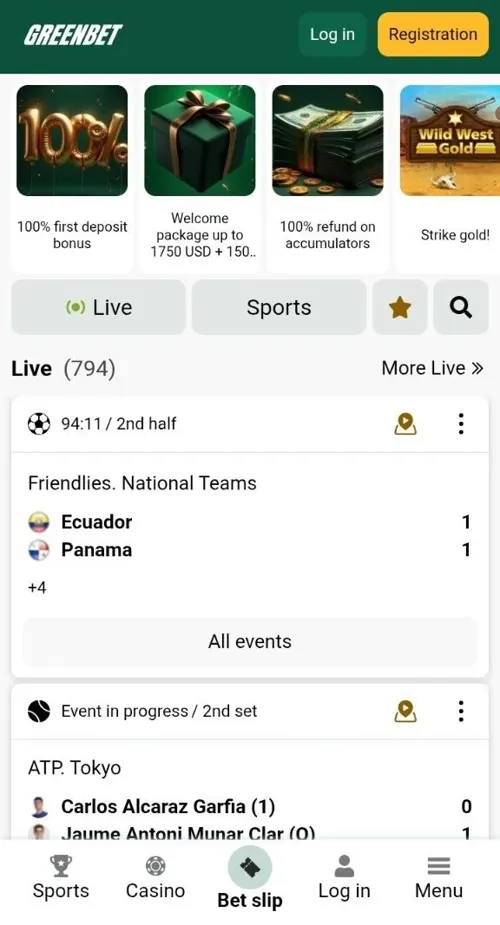 Greenbet main page on a phone with bonus banners and live events