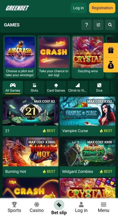 Greenbet slots lobby with popular games on a phone